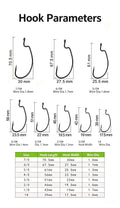 Hook parameters chart with offset worm hook size and dimension table