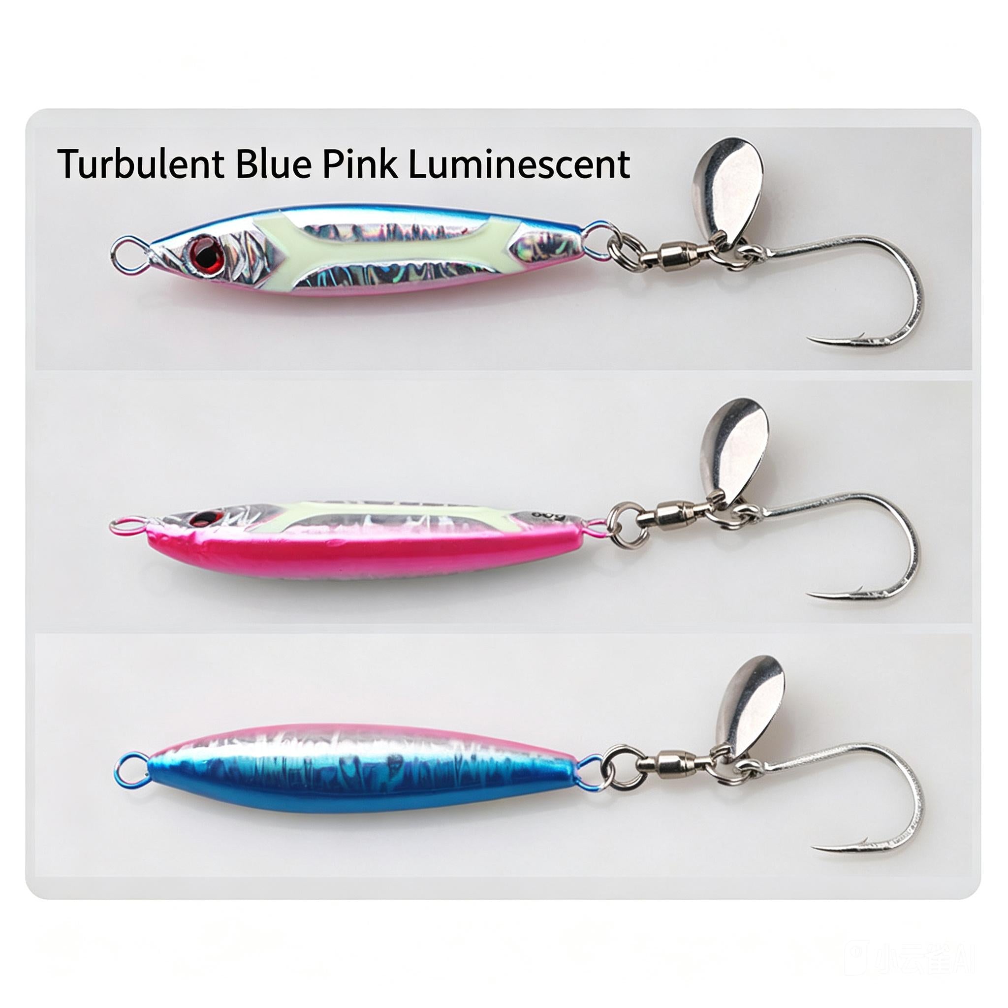 Fishing spinner jig lures set: silver blades with blue, pink, and silver-blue bodies and hooks.