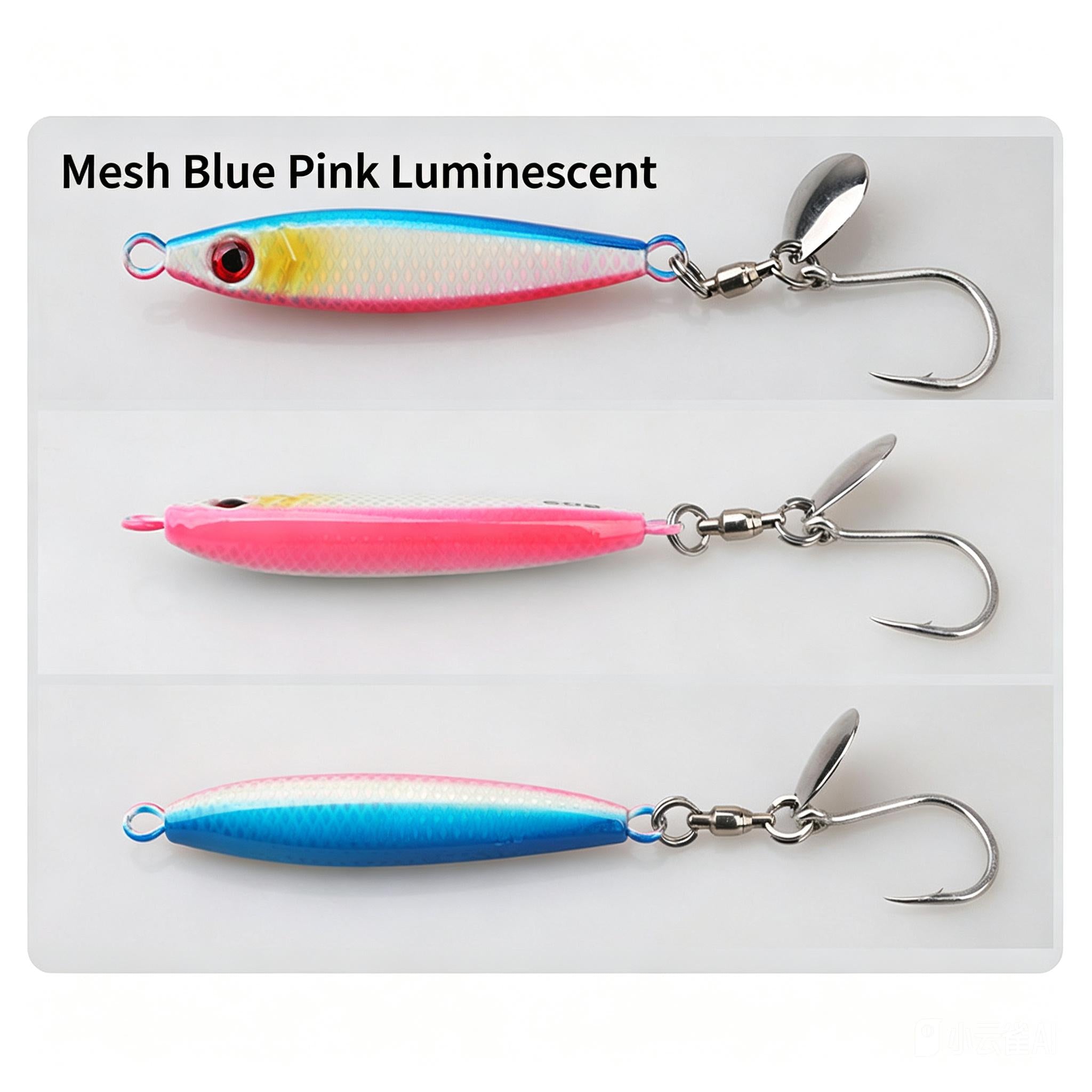 Fishing spinner jig lures set: silver blades with yellow-blue, pink, and blue bodies and hooks.
