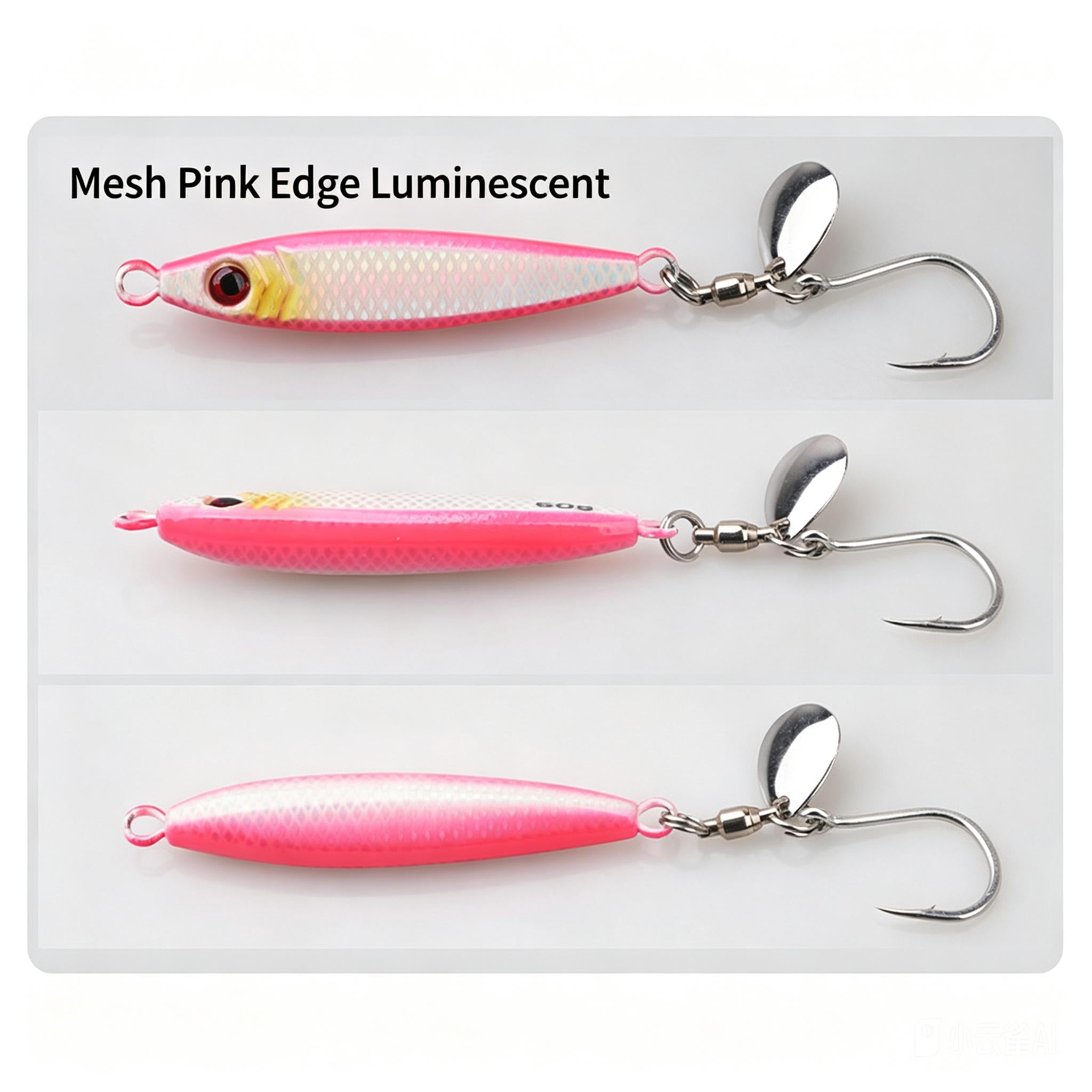 Fishing spinner jig lures set: silver blades with pink-yellow, bright pink, and pink bodies and hooks.
