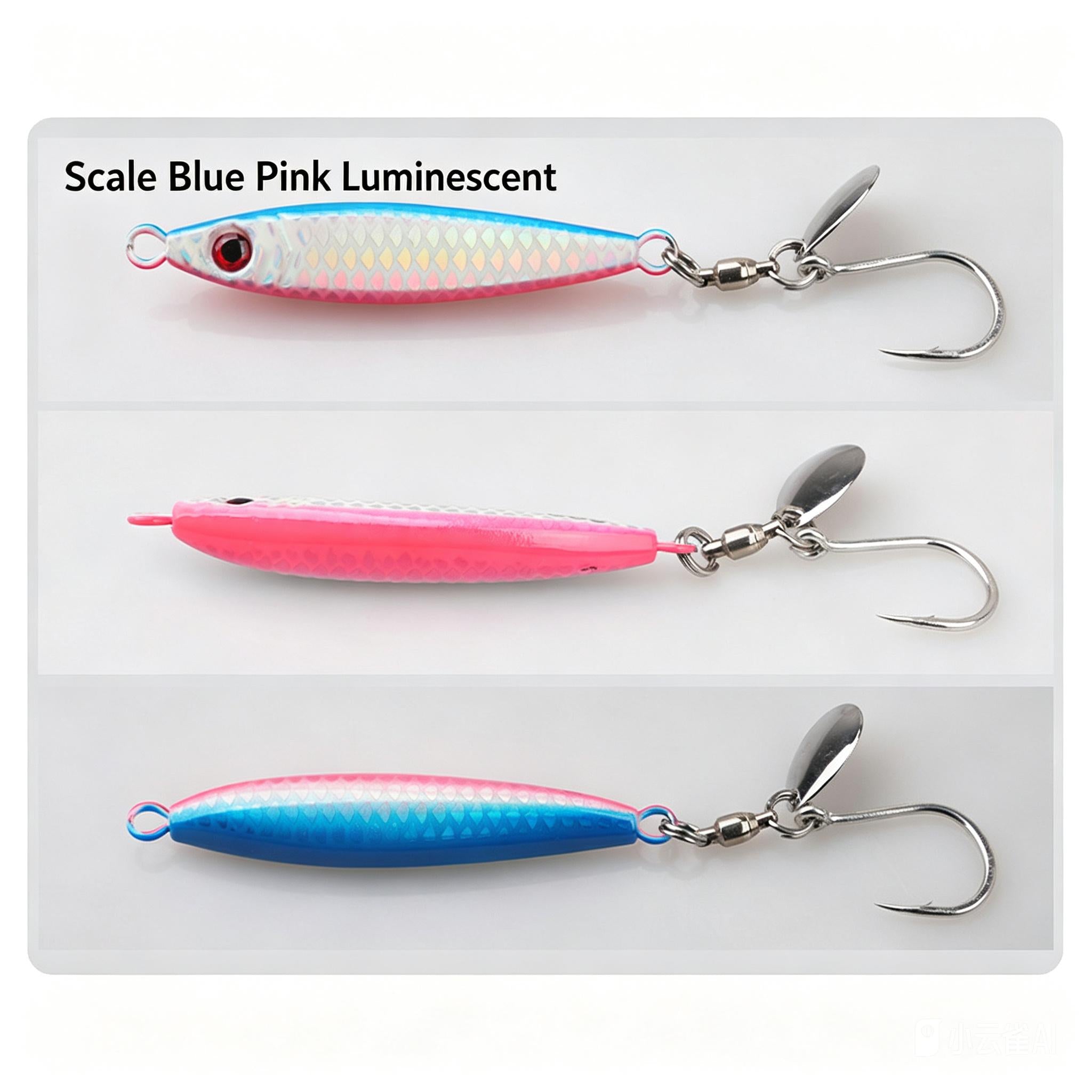 Fishing spinner jig lures set: silver blades with blue-pink, bright pink, and blue bodies and hooks.