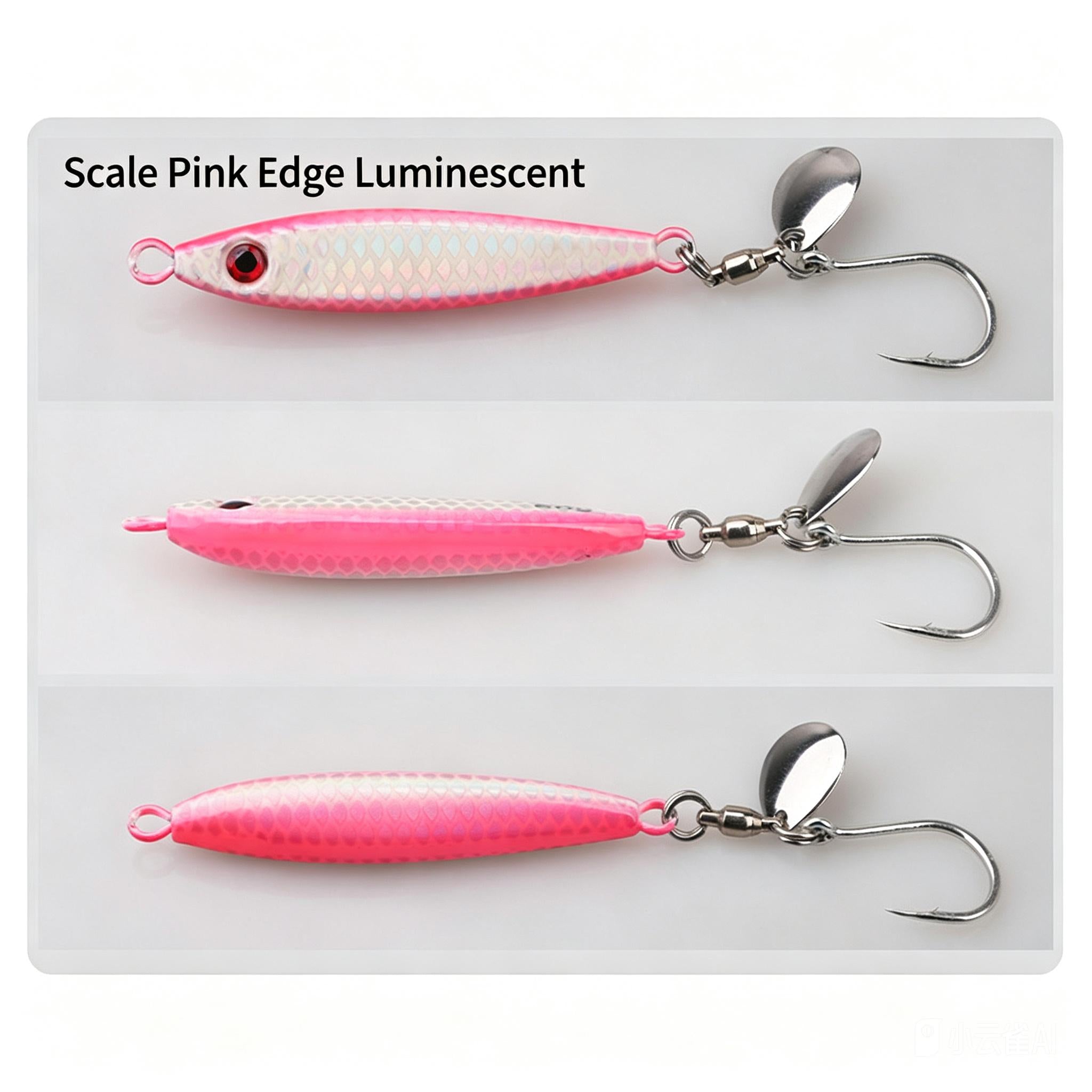 Fishing spinner jig lures set: silver blades with pale pink, hot pink, and pink bodies, hooks.