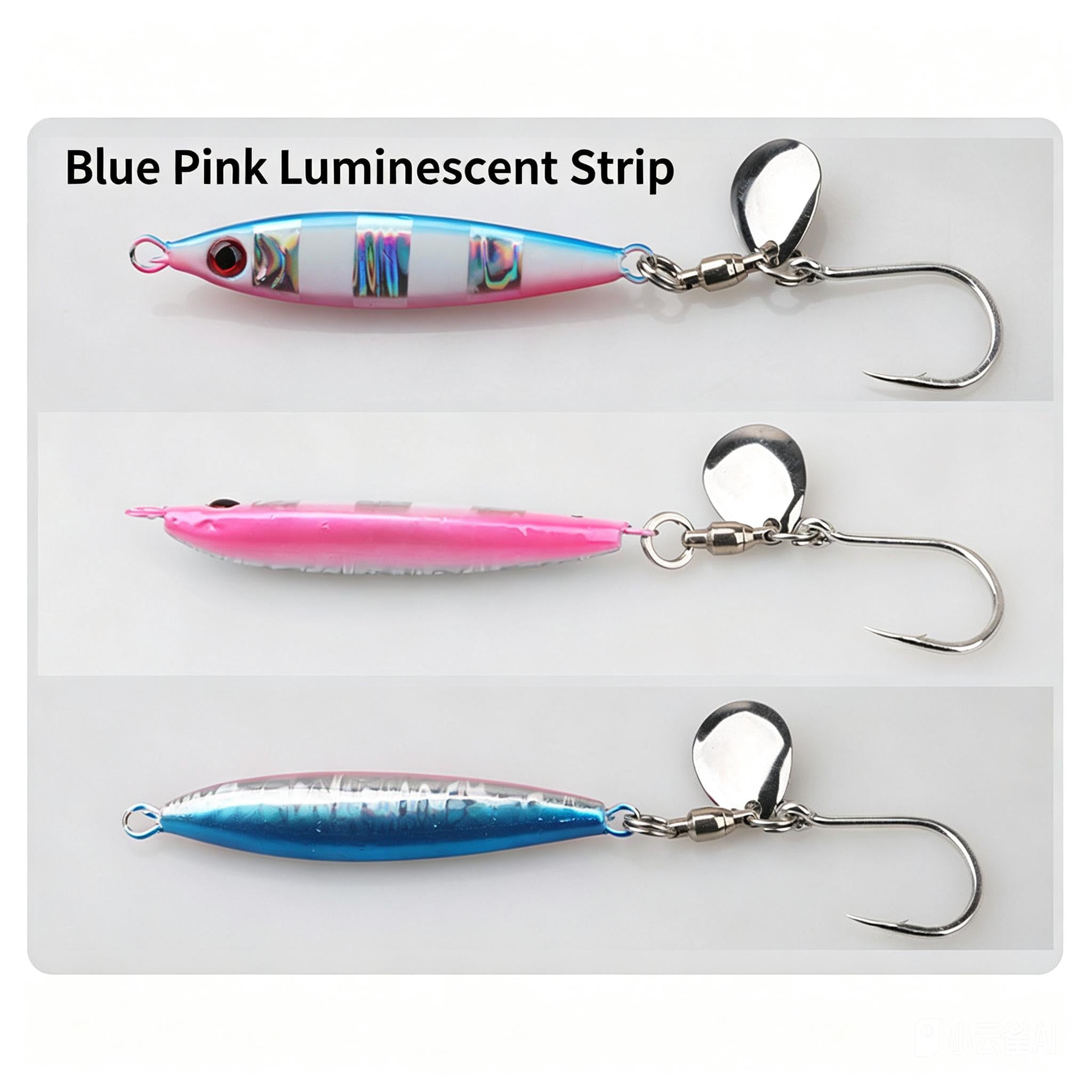 Fishing jig lures with silver blades: blue-pink, pink, and blue with single hooks