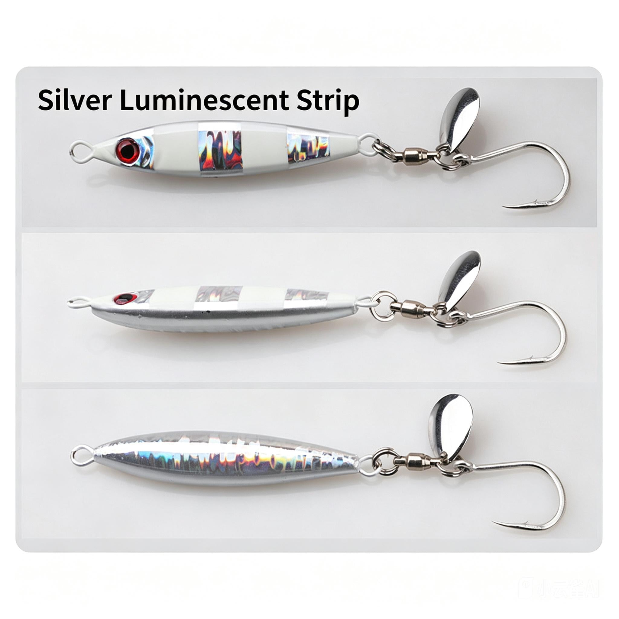 Fishing jig lures with silver blades and luminescent strip finish, three colors, single hooks