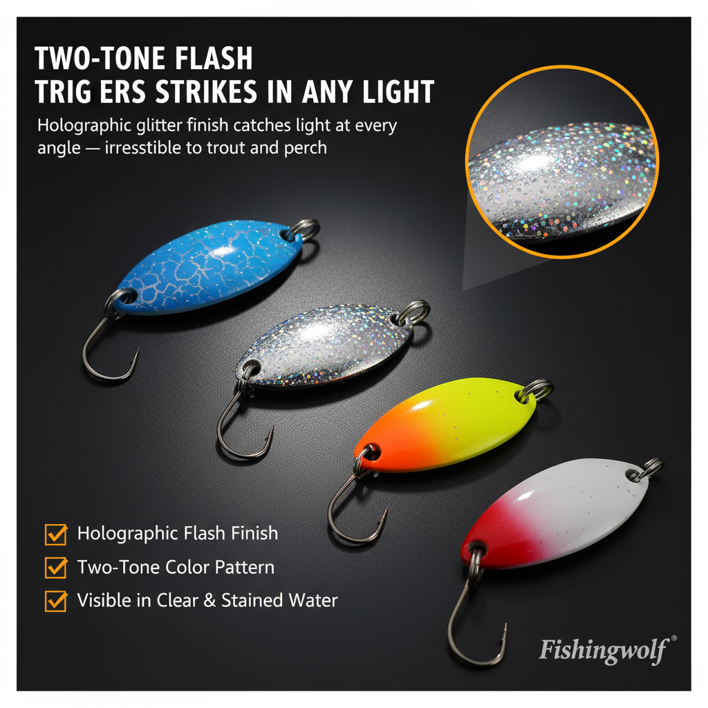 Two-tone trout spoon lures with holographic glitter finish and single hooks