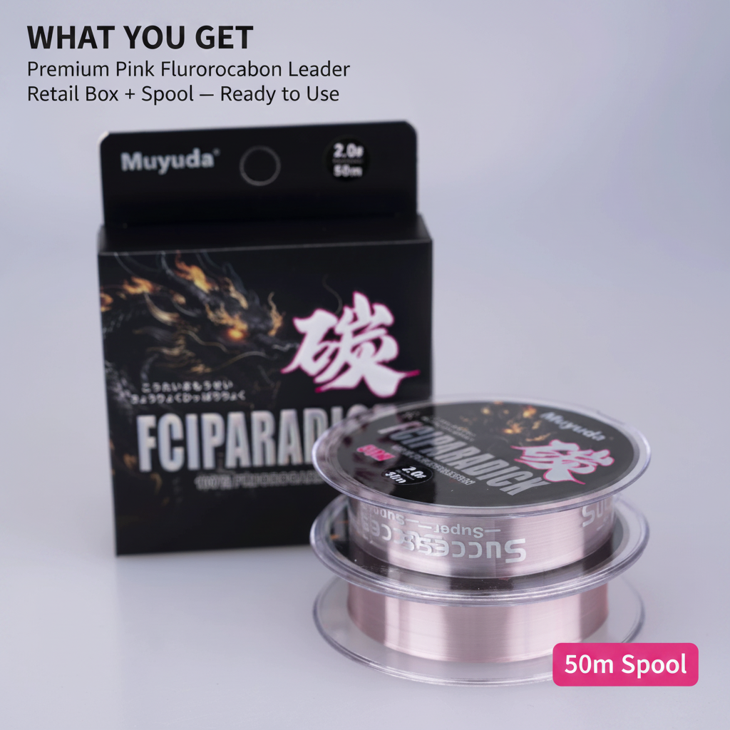Pink fluorocarbon leader line in retail box with ready-to-use 50m spool